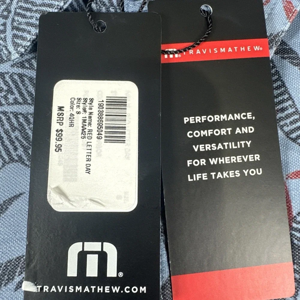 Travis Mathew Red Letter Day Polo Mens SIZE S Navy Print 1MAA425 NEW WITH TAGS - Picture 5 of 11